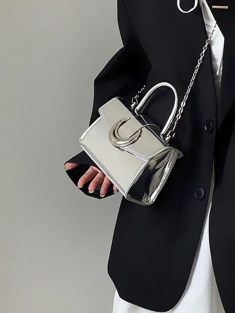VAIGE Luxury Small Silver Chain Shoulder Bag in Patent Leather with Simple Design