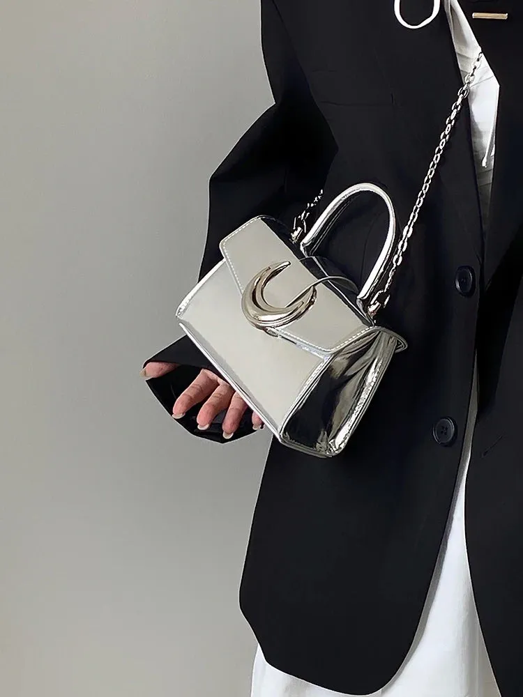 VAIGE Luxury Small Silver Chain Shoulder Bag in Patent Leather with Simple Design