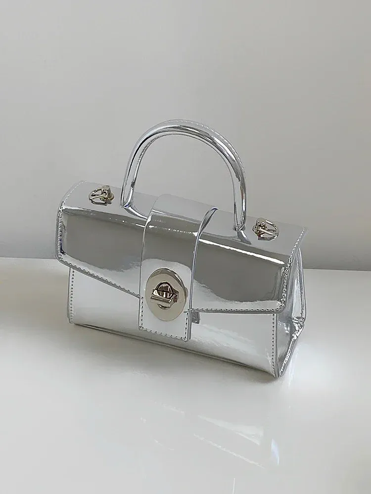 VAIGE Luxury Small Silver Chain Shoulder Bag in Patent Leather with Simple Design