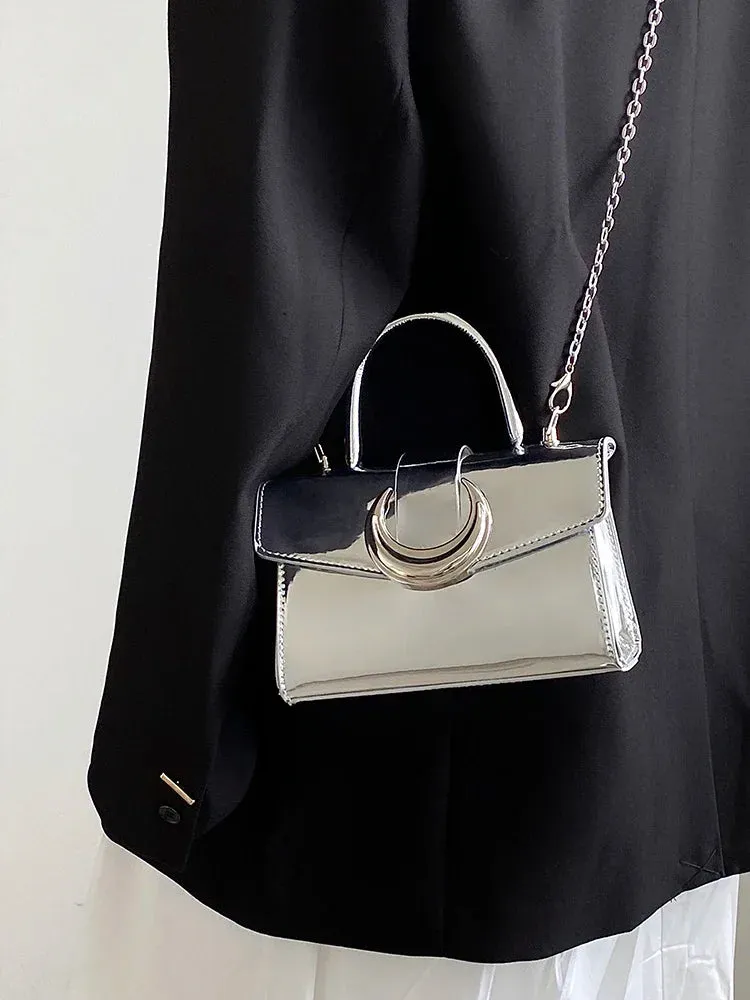 VAIGE Luxury Small Silver Chain Shoulder Bag in Patent Leather with Simple Design