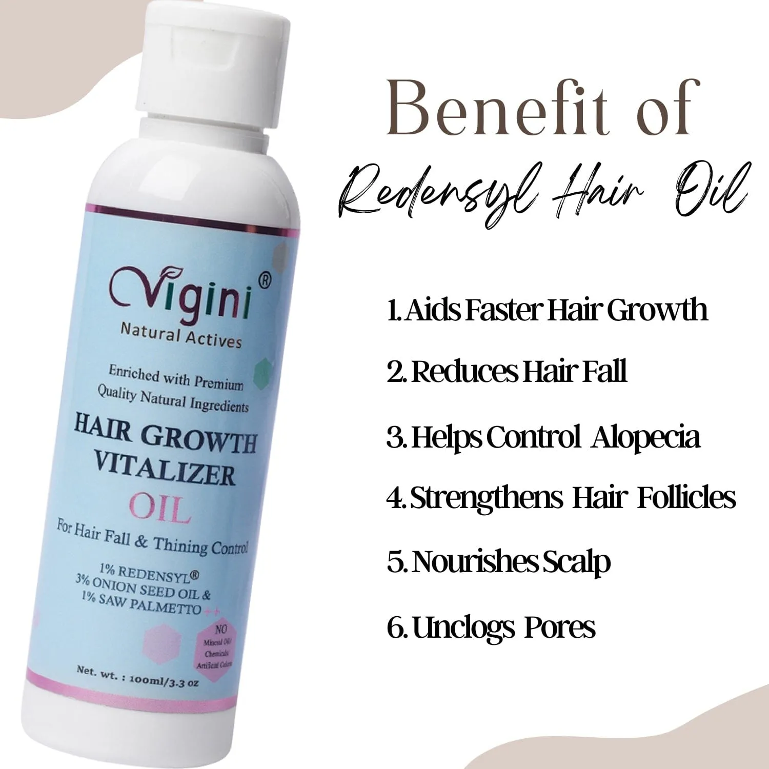 Vigini Natural 1% Redensyl Hair Growth Regrowth Nourish Scalp Tonic Revitalizer Control Fall Men Women Hair Oil (100 ml) | DHT Blocker Nourishing Anti-Fall Loss Thinning Damage