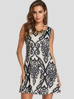 Wholesale Apricot Round Neck Sleeveless Printed Mini Dress