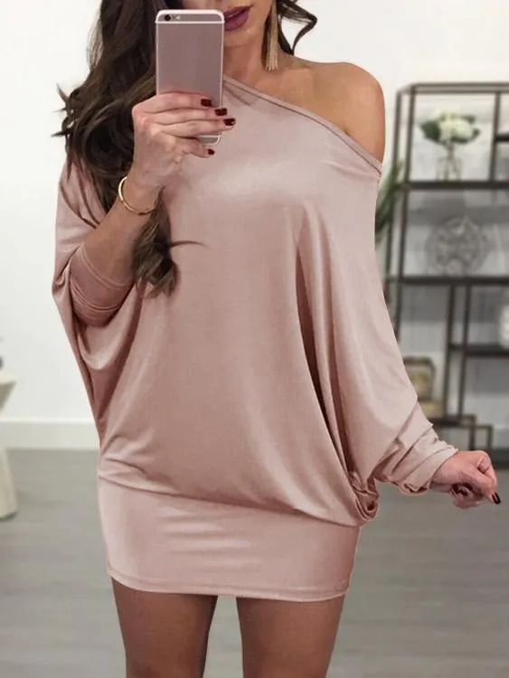 Wholesale Asymmetrical Scoop Neck Long Sleeve Plain Bodycon Mini Dresses