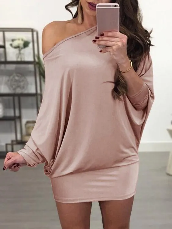Wholesale Asymmetrical Scoop Neck Long Sleeve Plain Bodycon Mini Dresses