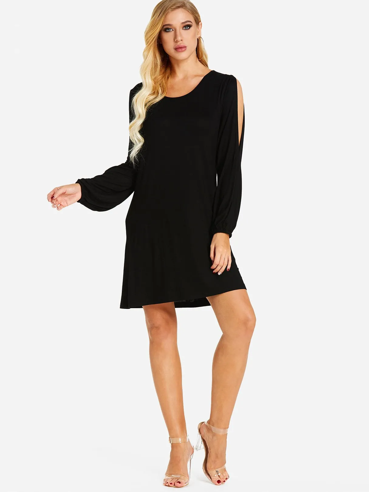 Wholesale Black Cold Shoulder Long Sleeve Plain Cut Out Mini Dress