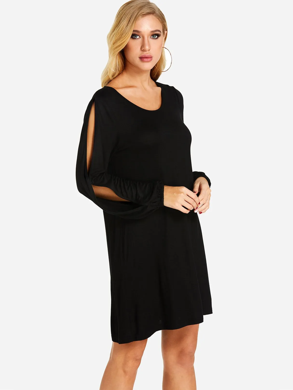 Wholesale Black Cold Shoulder Long Sleeve Plain Cut Out Mini Dress