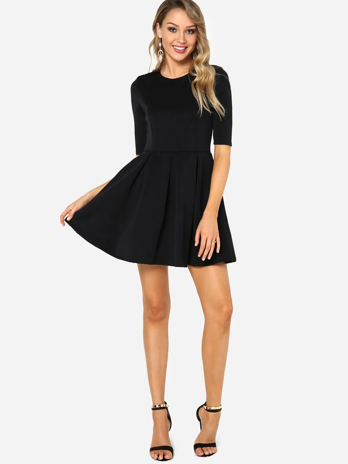 Wholesale Black Round Neck Half Sleeve Plain Ruffle Hem Mini Dress