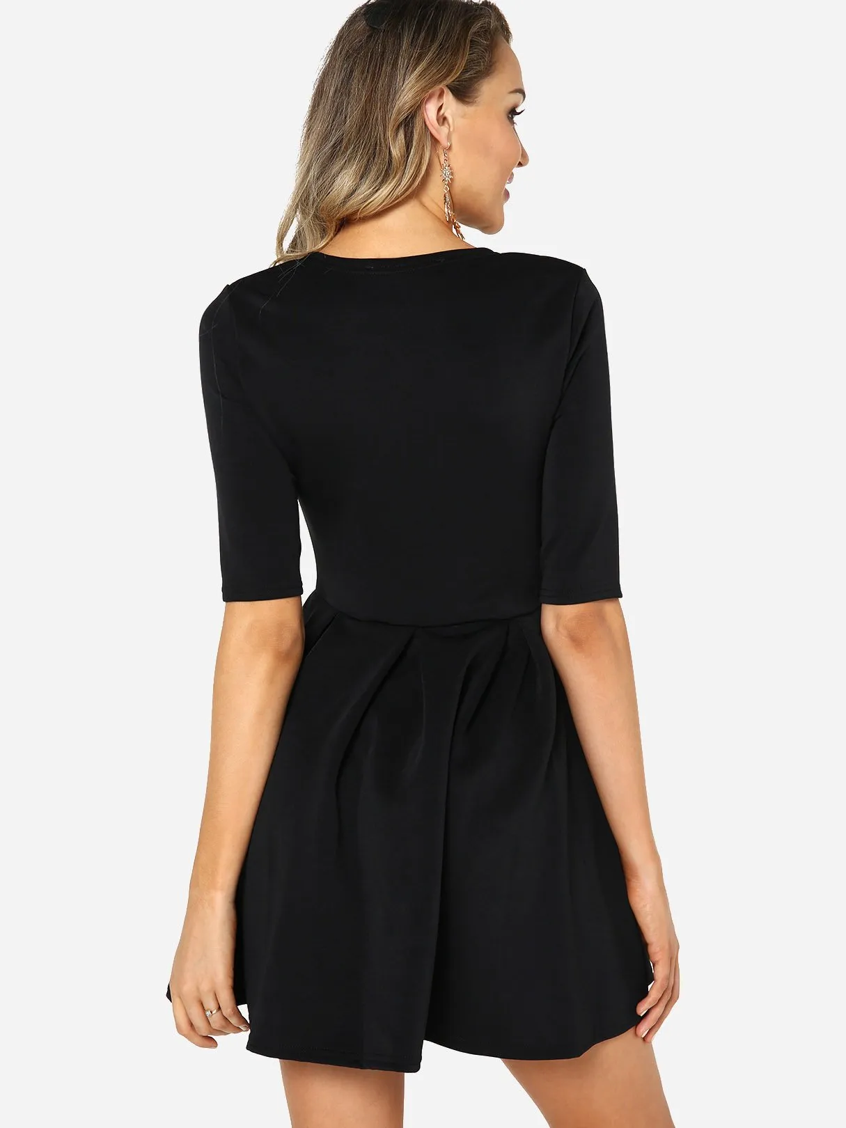 Wholesale Black Round Neck Half Sleeve Plain Ruffle Hem Mini Dress