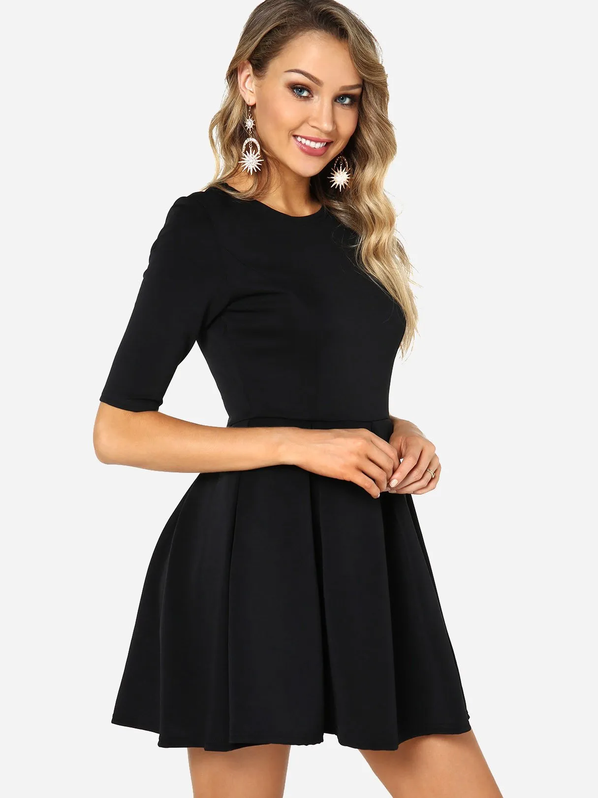 Wholesale Black Round Neck Half Sleeve Plain Ruffle Hem Mini Dress