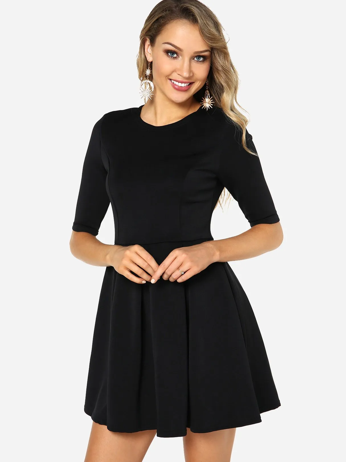 Wholesale Black Round Neck Half Sleeve Plain Ruffle Hem Mini Dress