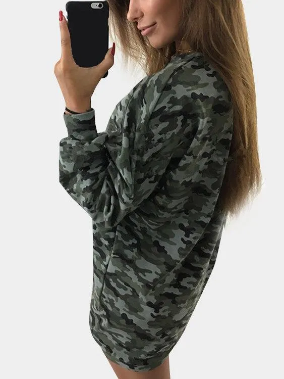 Wholesale Camouflage Crew Neck Pullover Long Sleeve Bodycon Mini Dresses