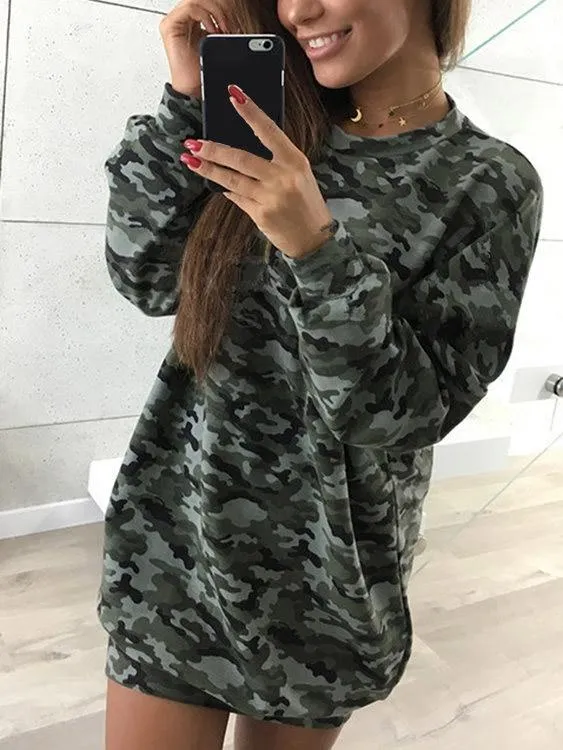 Wholesale Camouflage Crew Neck Pullover Long Sleeve Bodycon Mini Dresses