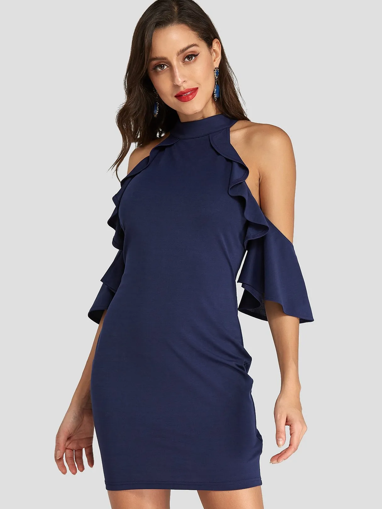 Wholesale Navy Halter Cold Shoulder Cut Out Mini Dresses