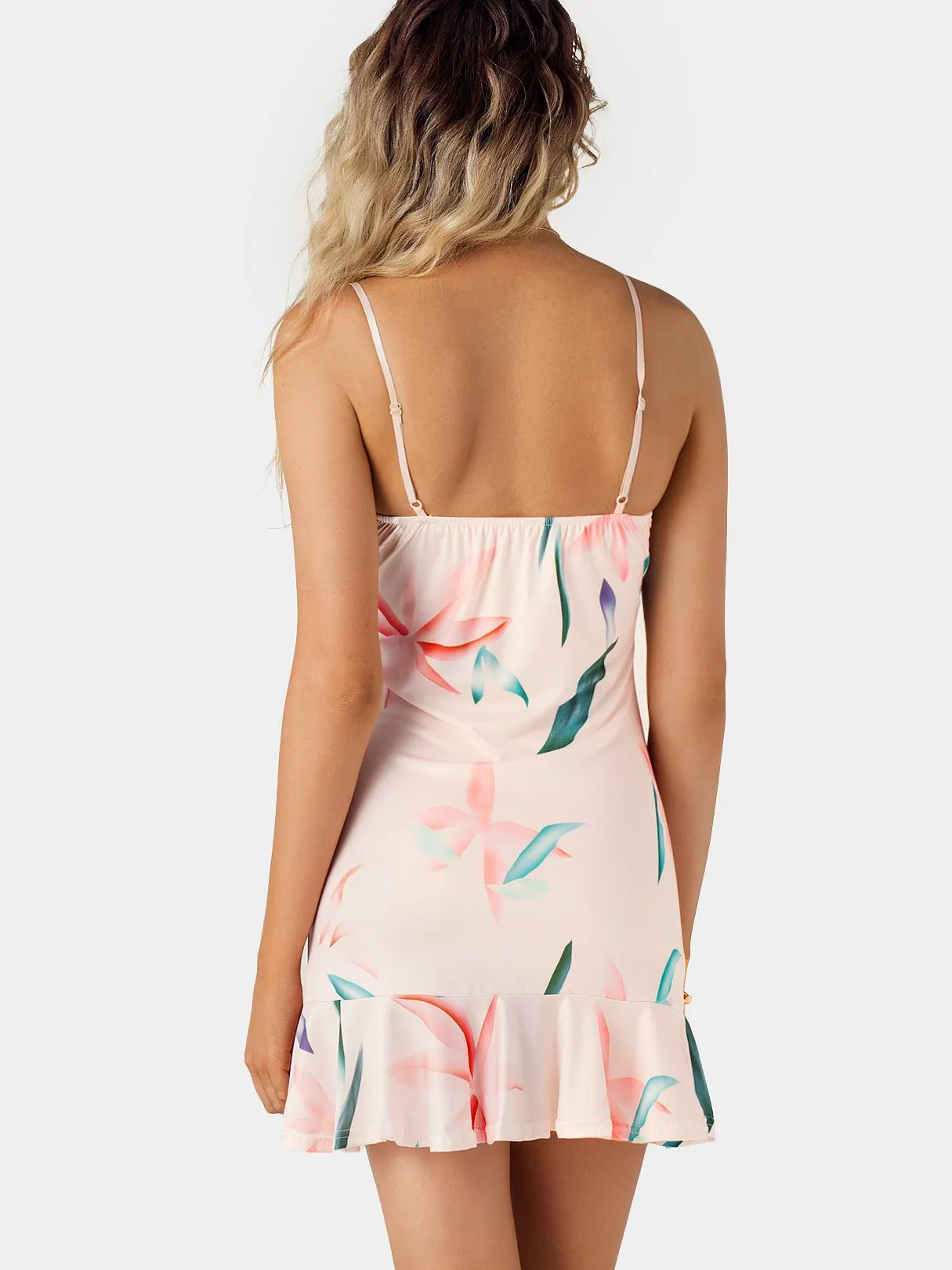 Wholesale Scoop Neck Sleeveless Floral Print Backless Flounced Hem Mini Dress