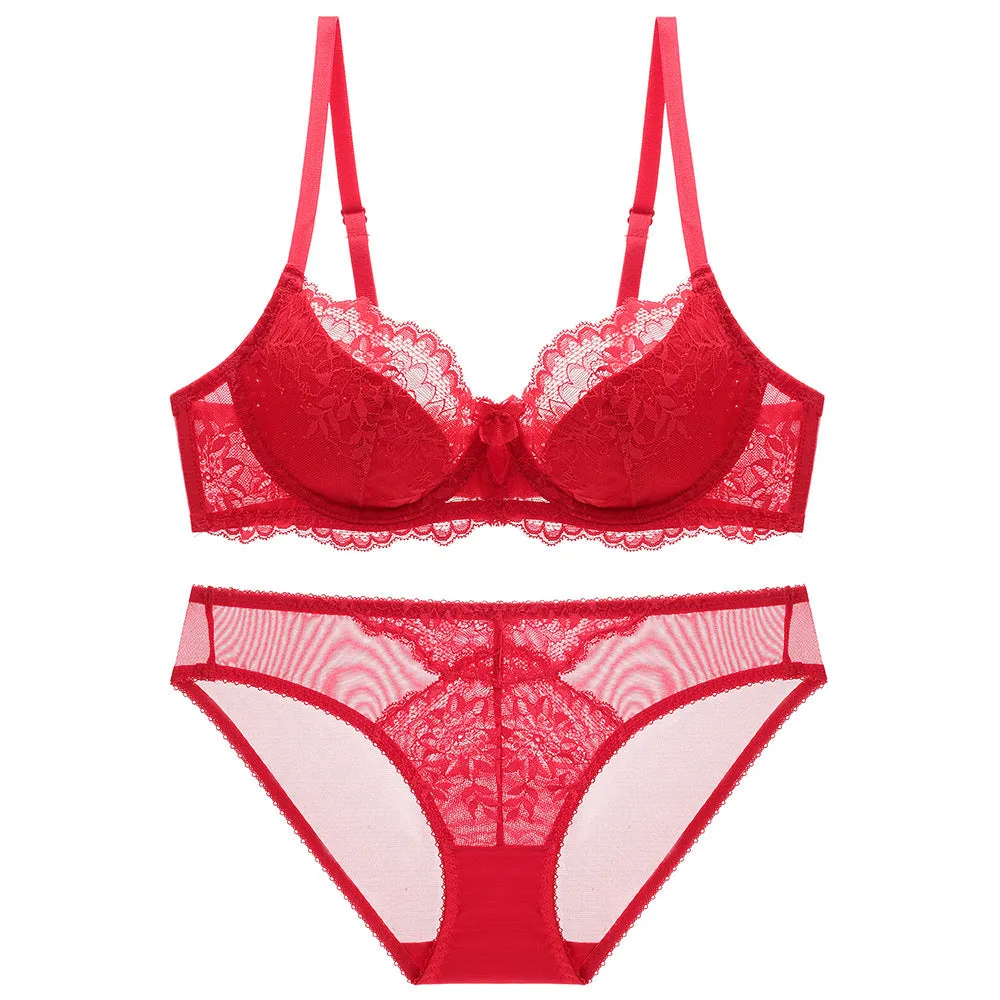 Women Beautiful breasts, sexy big breasts, red bra, push-up, thin steel ring, breathable thin cup, lace large size bra set