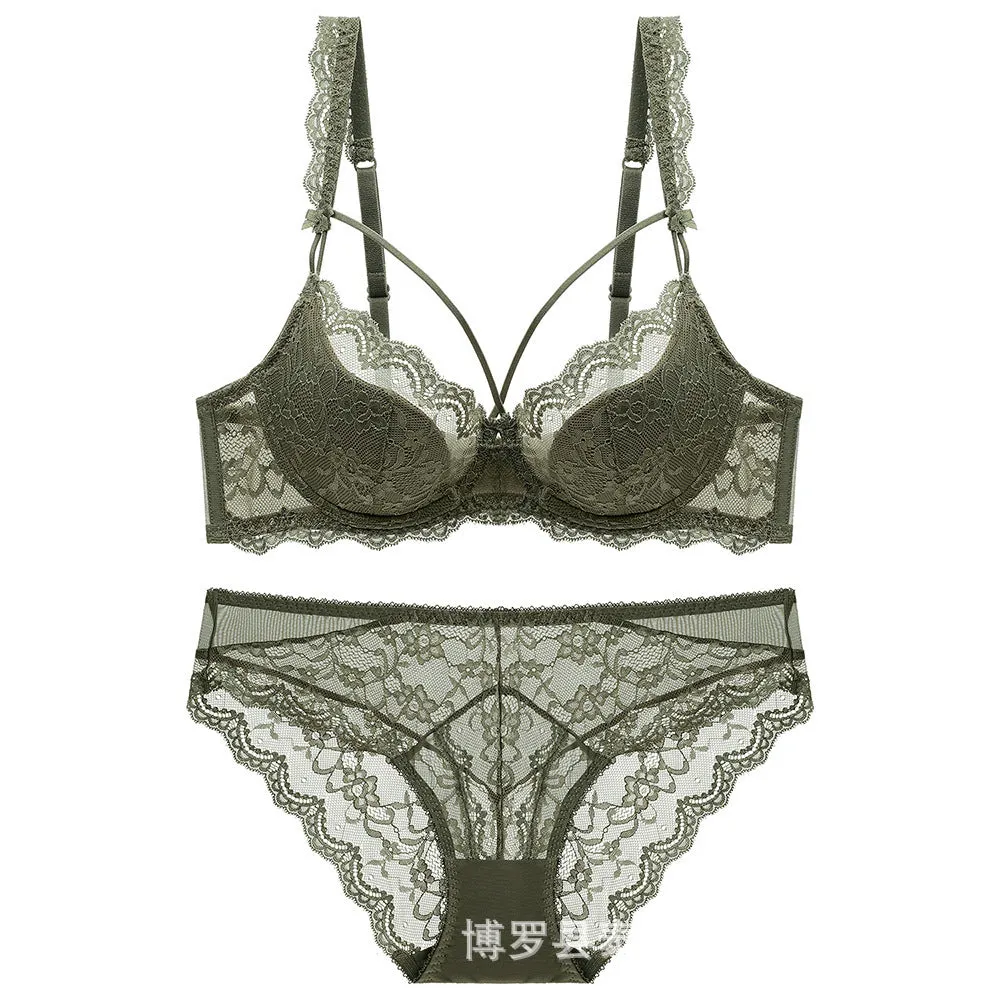 Women sexy lace beautiful breasts thin women's underwear bra underwire push-up large size foreign trade bra set