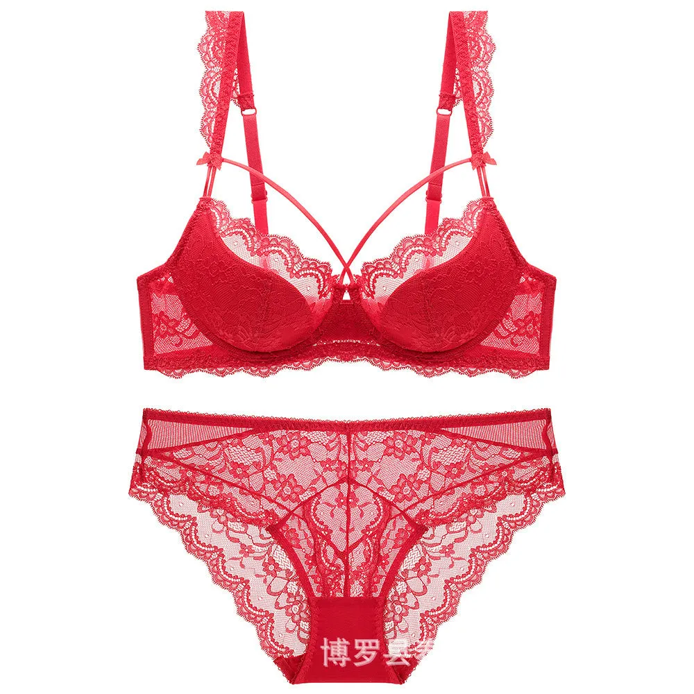 Women sexy lace beautiful breasts thin women's underwear bra underwire push-up large size foreign trade bra set