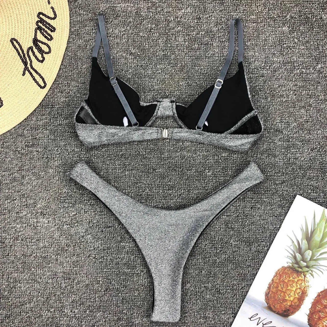 Women Shining glitter Silver Bikini set 2 Pcs bikini