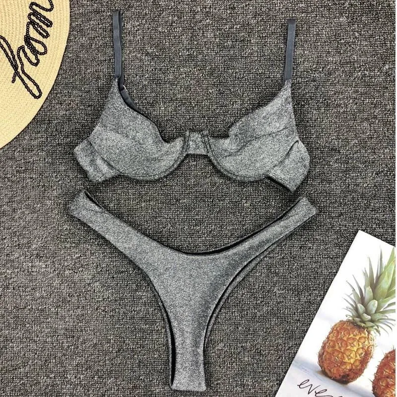 Women Shining glitter Silver Bikini set 2 Pcs bikini