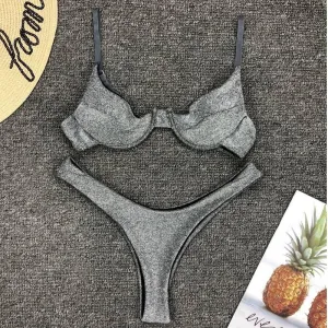 Women Shining glitter Silver Bikini set 2 Pcs bikini