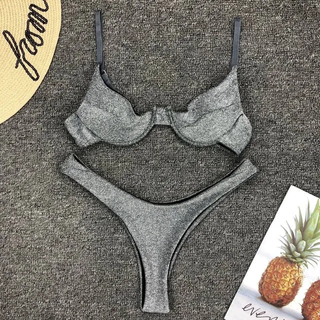 Women Shining glitter Silver Bikini set 2 Pcs bikini