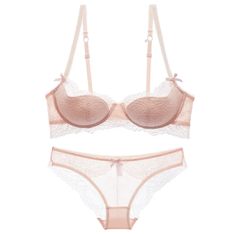 Women's French Summer Thin Lace Bra Set Large Breasts Show Small Push-Up Large Size Underwire Half Cup Underwear Set