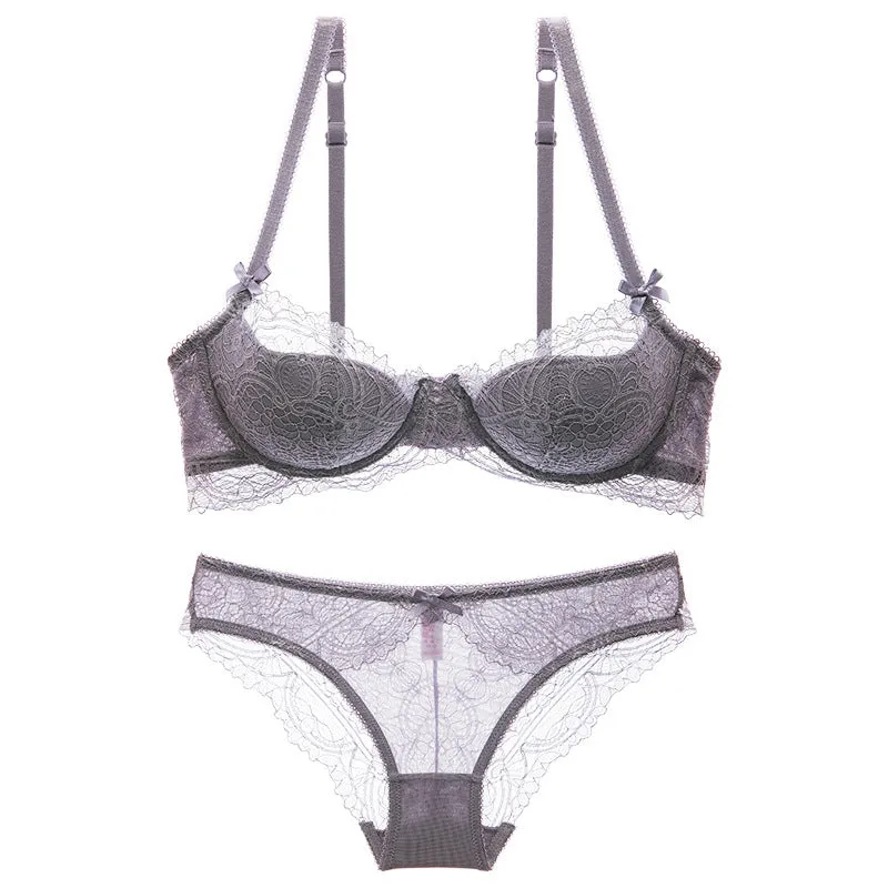 Women's French Summer Thin Lace Bra Set Large Breasts Show Small Push-Up Large Size Underwire Half Cup Underwear Set